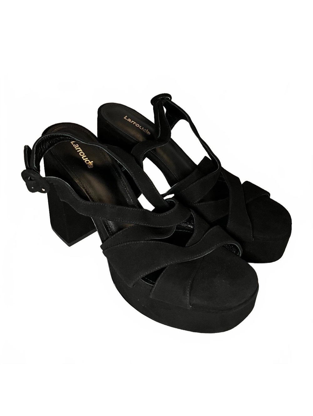 Larroudé Bee Platform Sandals Black Suede Block Heel Size 10